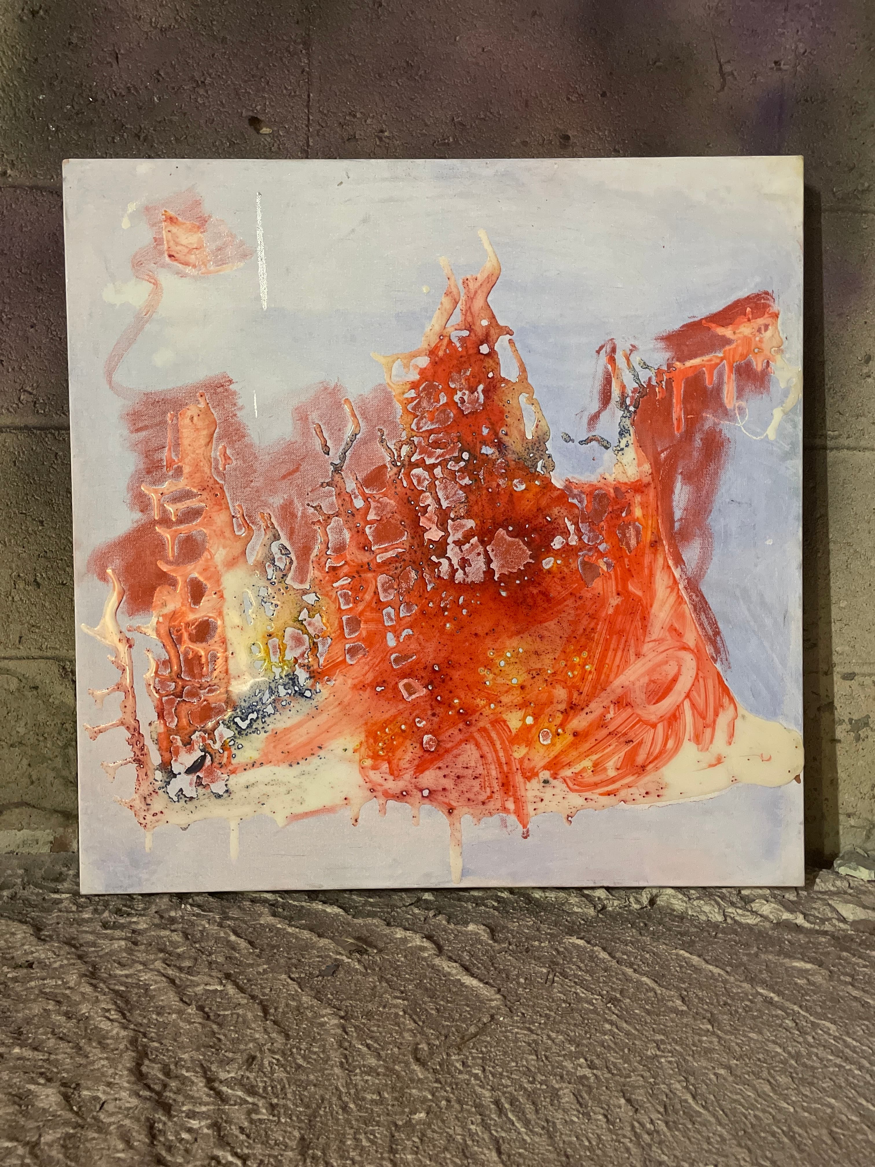 acrylic and spray paint piece with fiery, layered textures.